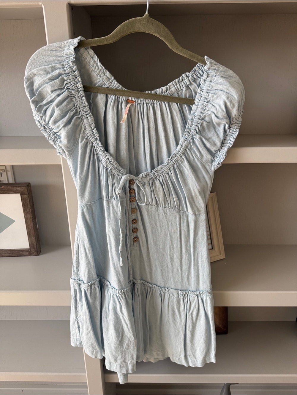 Free People Pale Blue Peasant Tunic with Button Front